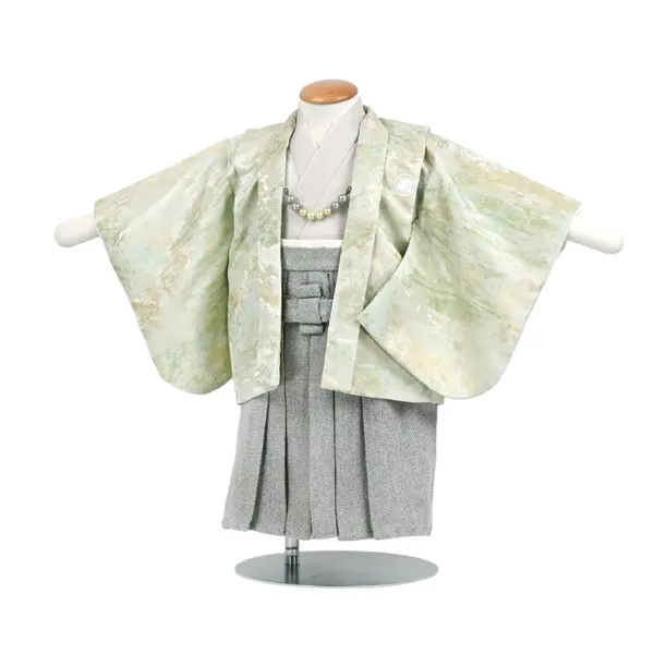 男児（1歳前後）ベビー088羽織袴パステルグリーン ツイード調グレー袴セパレート