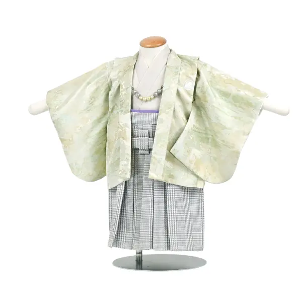 男児（1歳前後）ベビー089羽織袴パステルグリーン 千鳥格子グレー袴 セパレート