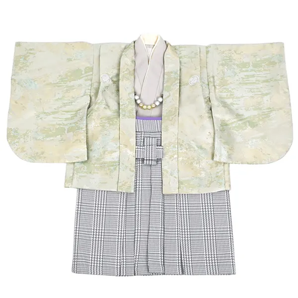 男児（1歳前後）ベビー089羽織袴パステルグリーン 千鳥格子グレー袴 セパレート