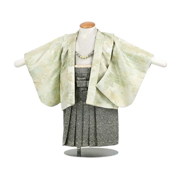 男児（1歳前後）ベビー090羽織袴パステルグリーン カーキモダン柄袴 セパレート