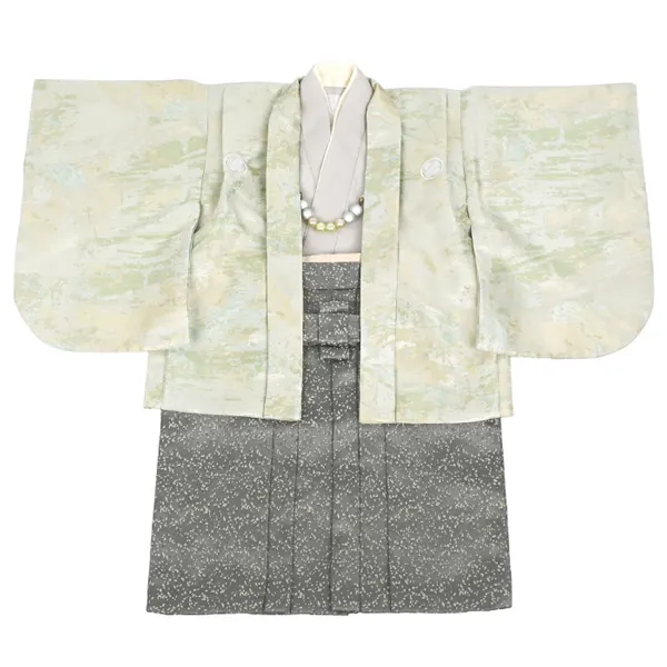 男児（1歳前後）ベビー090羽織袴パステルグリーン カーキモダン柄袴 セパレート