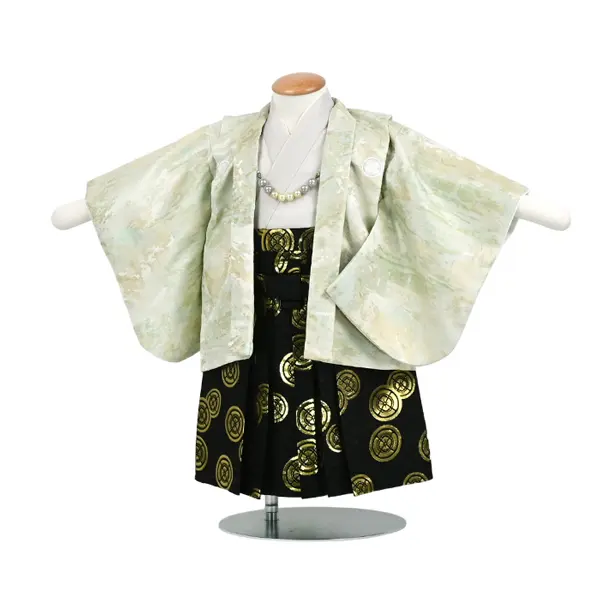 男児（1歳前後）ベビー091羽織袴パステルグリーン 黒／金袴 セパレート