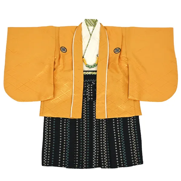 男児（1歳前後）ベビー093羽織袴 黄金色 紋付 黒袴 セパレート