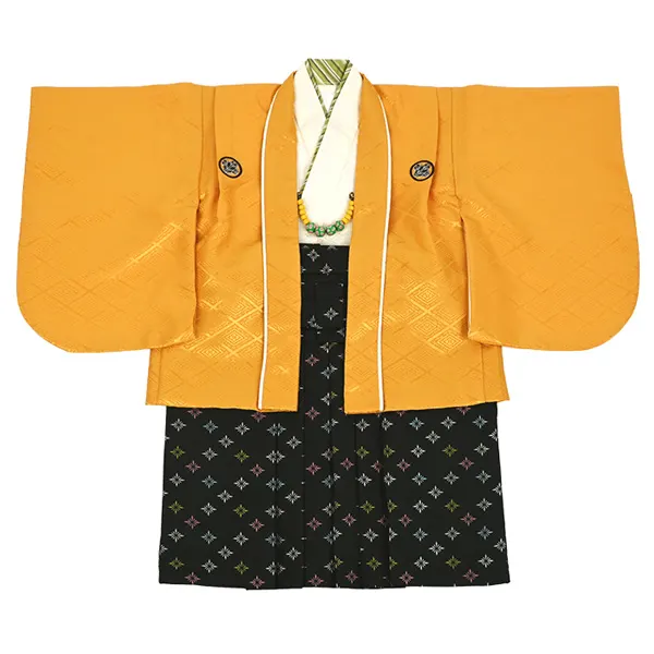 男児（1歳前後）ベビー094羽織袴 黄金色 紋付 黒袴 セパレート