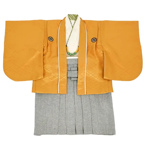 男児（1歳前後）ベビー095羽織袴 黄金色 紋付 ツイード調グレー袴 セパレート