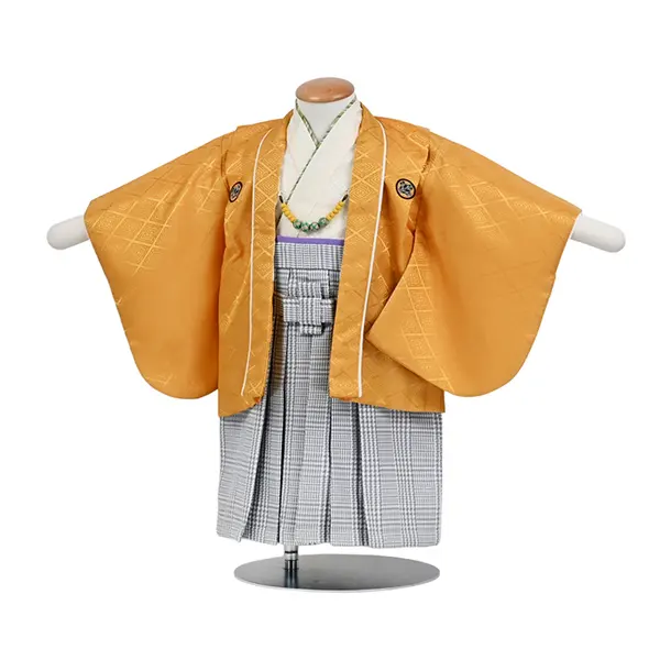 男児（1歳前後）ベビー096羽織袴 黄金色 紋付 千鳥格子グレー袴 セパレート