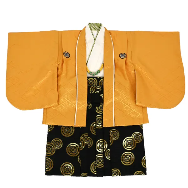 男児（1歳前後）ベビー098羽織袴 黄金色 紋付 黒／金袴 セパレート