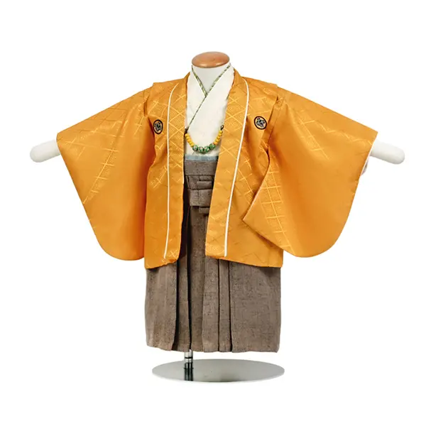 男児（1歳前後）ベビー099羽織袴 黄金色 紋付 ツイード調モカ袴 セパレート