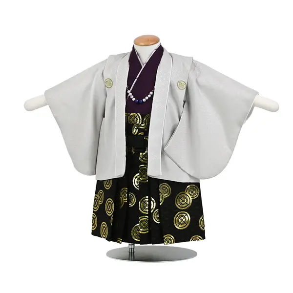 男児（1歳前後）ベビー100羽織袴 薄グレー／紫 紋付 黒／金袴 セパレート