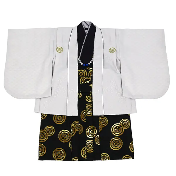 男児（1歳前後）ベビー100羽織袴 薄グレー／紫 紋付 黒／金袴 セパレート