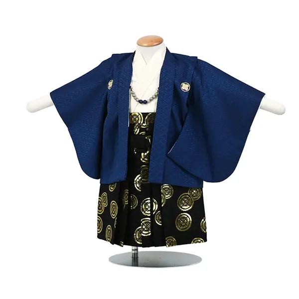 男児(1歳前後)ベビー着物 101 羽織袴ネイビー 紺紋付 黒/金袴 セパレート