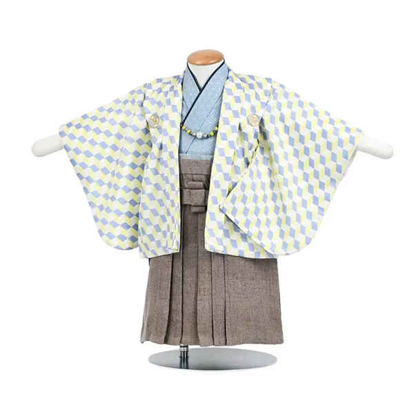 男児(1歳前後) ベビー着物 103 羽織袴 黄青 ツイード調モカ袴 セパレート