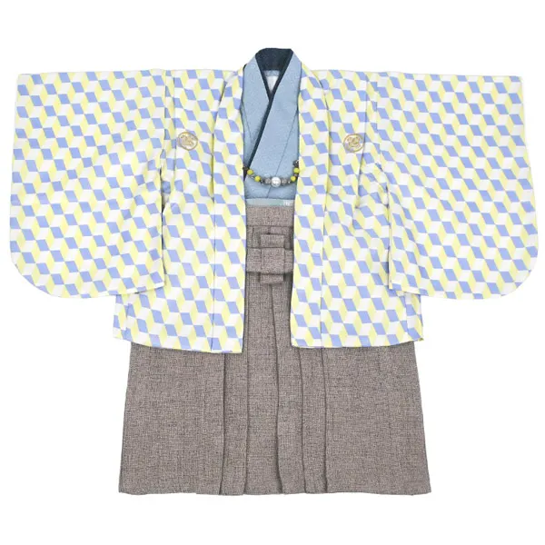 男児(1歳前後) ベビー着物 103 羽織袴 黄青 ツイード調モカ袴 セパレート