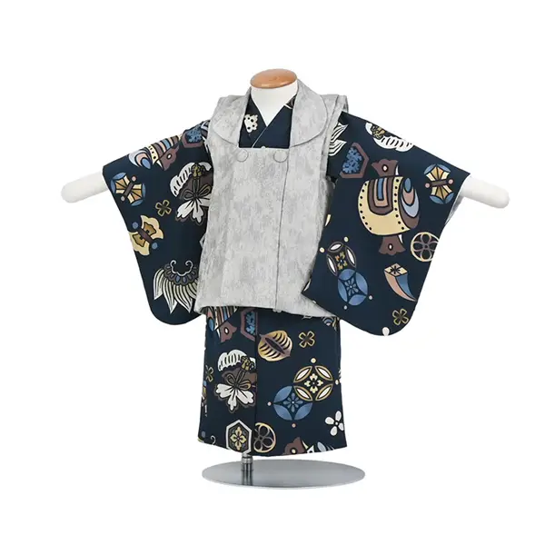 男児(1歳前後) ベビー着物 105 被布 ネイビー 和模様 グレー 二部式