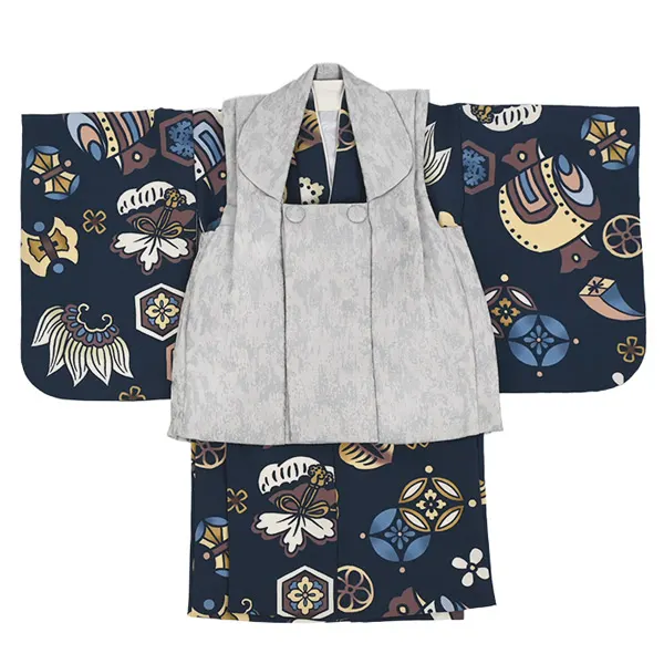 男児(1歳前後) ベビー着物 105 被布 ネイビー 和模様 グレー 二部式
