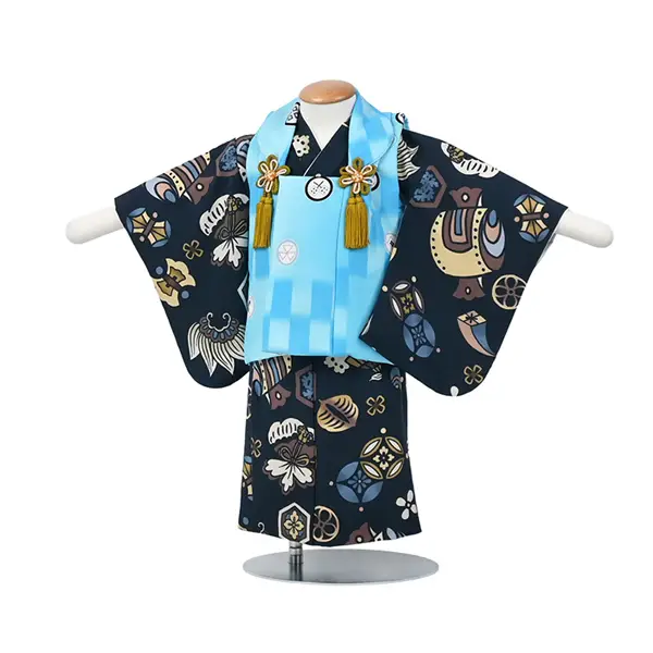 男児(1歳前後) ベビー着物 106 被布 ネイビー 和模様 水色 二部式