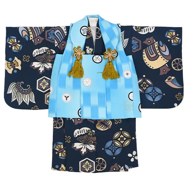 男児(1歳前後) ベビー着物 106 被布 ネイビー 和模様 水色 二部式