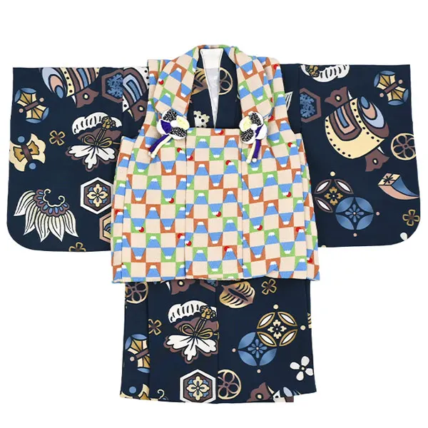 男児(1歳前後)ベビー着物107 被布 ネイビー 和模様 ベージュ 富士 二部式