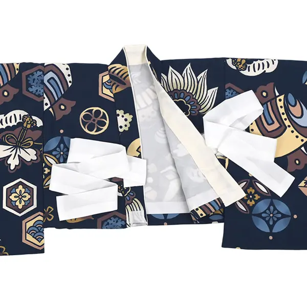 男児(1歳前後)ベビー着物107 被布 ネイビー 和模様 ベージュ 富士 二部式