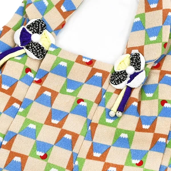 男児(1歳前後)ベビー着物107 被布 ネイビー 和模様 ベージュ 富士 二部式