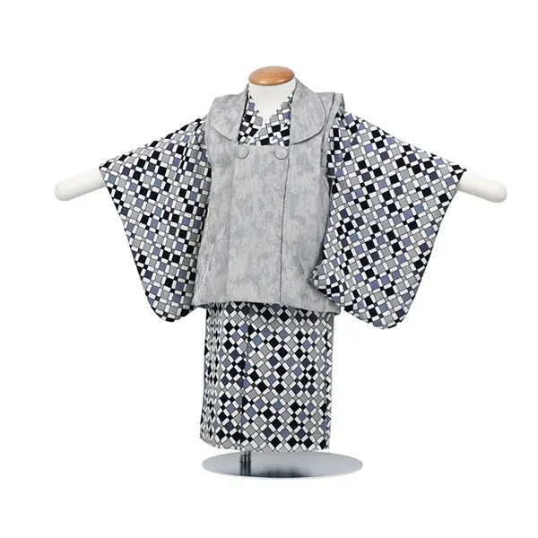 男児(1歳前後)ベビー着物 108 被布 紫/黒/グレー 格子柄 二部式