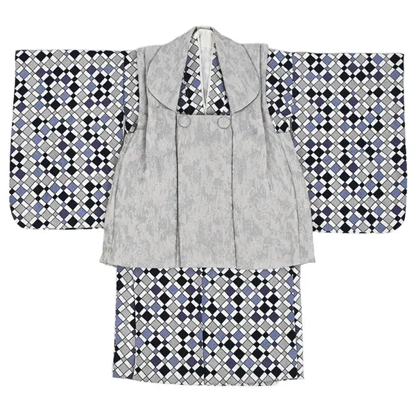 男児(1歳前後)ベビー着物 108 被布 紫/黒/グレー 格子柄 二部式