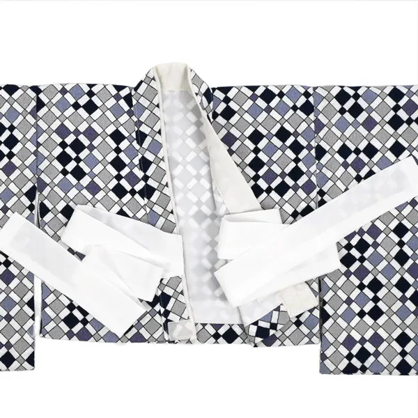 男児(1歳前後)ベビー着物 108 被布 紫/黒/グレー 格子柄 二部式