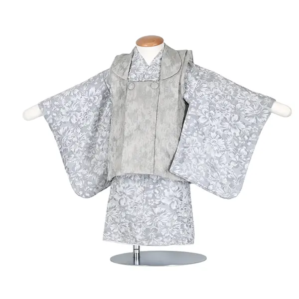 男児(1歳前後)ベビー着物 143 グレー 花柄 シルバー 二部式被布
