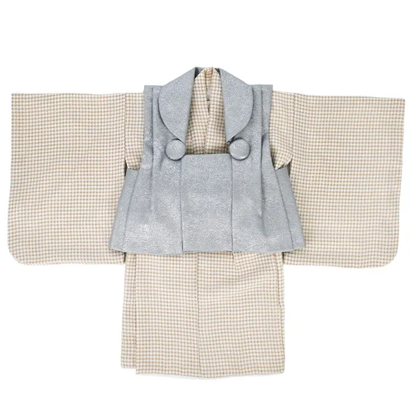 男児(1歳前後)ベビー着物 144 メタリック ベージュ千鳥格子 二部式被布
