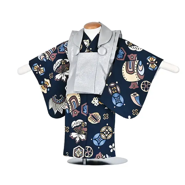 男児(1歳前後)ベビー着物 146 メタリック ネイビー 和模様 二部式被布