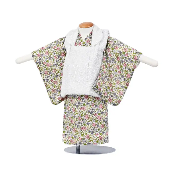 女児 (1歳前後) ベビー着物 073 白 花柄 キラフワニット 二部式被布