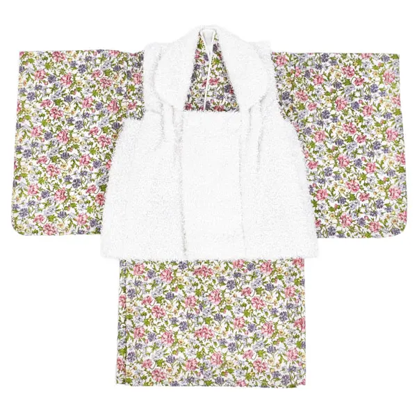 女児 (1歳前後) ベビー着物 073 白 花柄 キラフワニット 二部式被布