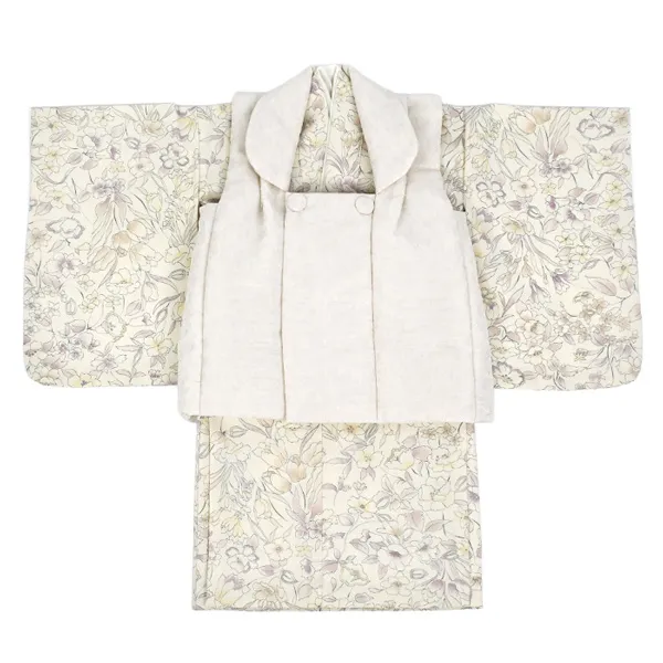 女児(1歳前後)ベビー着物074オフ白 チューリップ小花 ボタニカル 二部式被布