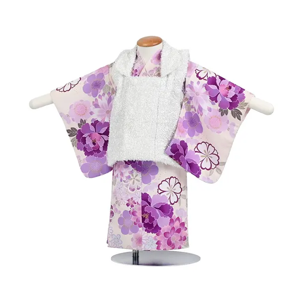 女児 (1歳前後) ベビー着物 075 白 紫 花尽くし 二部式被布