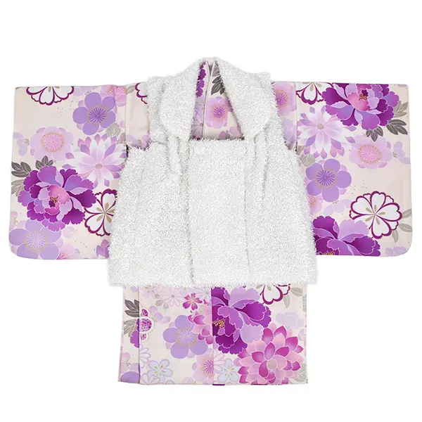 女児 (1歳前後) ベビー着物 075 白 紫 花尽くし 二部式被布