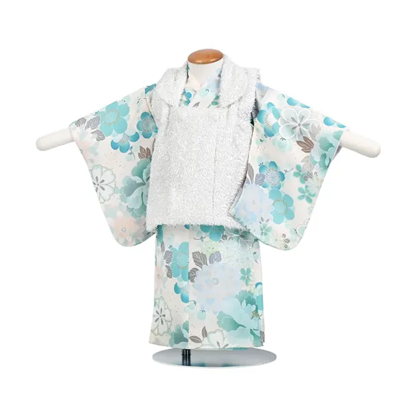 女児 (1歳前後) ベビー着物 076 白 ターコイズ 花尽くし 二部式被布