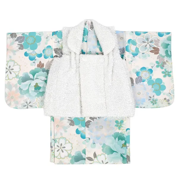 女児 (1歳前後) ベビー着物 076 白 ターコイズ 花尽くし 二部式被布