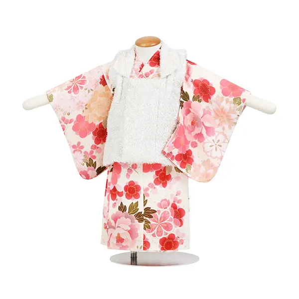 女児 (1歳前後) ベビー着物 077 白 ピンク 花尽くし 二部式被布