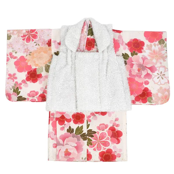 女児 (1歳前後) ベビー着物 077 白 ピンク 花尽くし 二部式被布