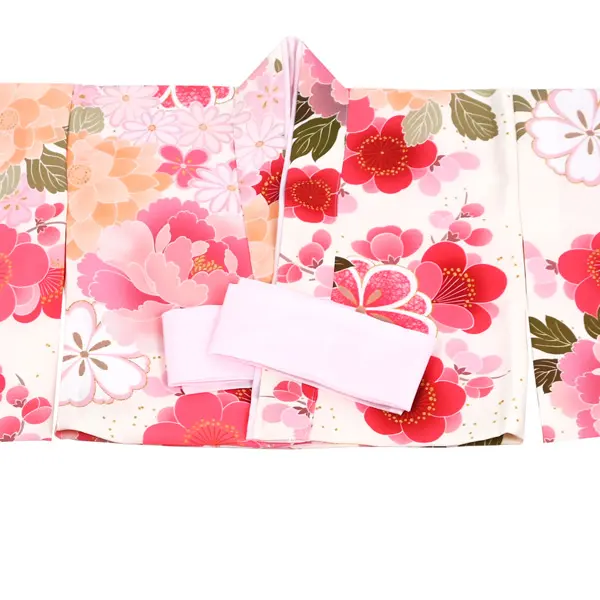 女児 (1歳前後) ベビー着物 077 白 ピンク 花尽くし 二部式被布