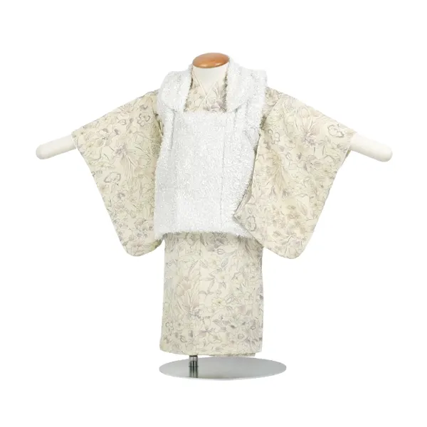 女児(1歳前後)ベビー着物 078 白 チューリップ小花 ボタニカル 二部式被布