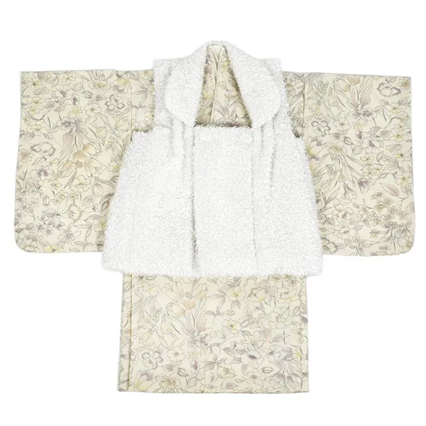 女児(1歳前後)ベビー着物 078 白 チューリップ小花 ボタニカル 二部式被布