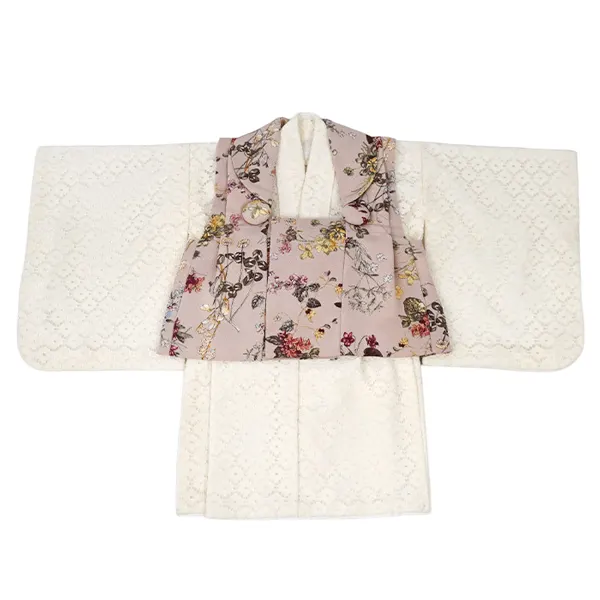 女児(1歳前後) ベビー着物 080 ピンク ボタニカル 白 レース 二部式被布