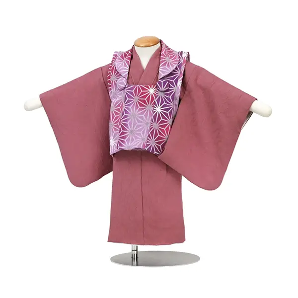 女児 (1歳前後) ベビー着物 081 ピンク 紫 麻の葉 二部式被布