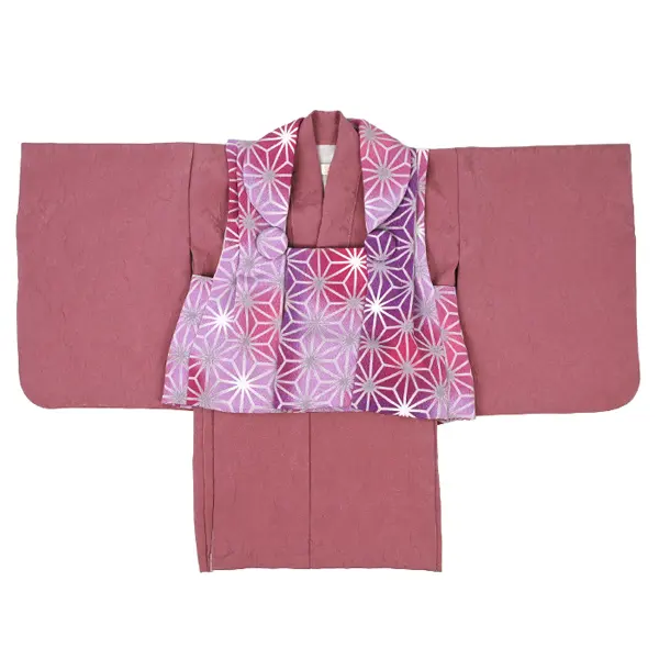 女児 (1歳前後) ベビー着物 081 ピンク 紫 麻の葉 二部式被布