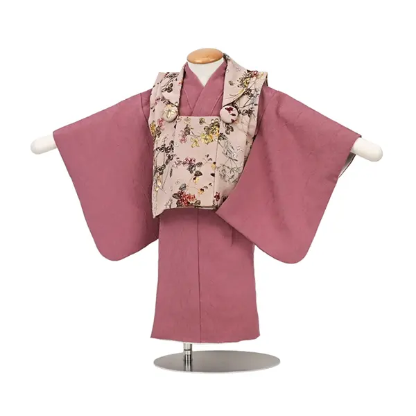 女児 (1歳前後) ベビー着物 085 ピンク ボタニカル 二部式被布