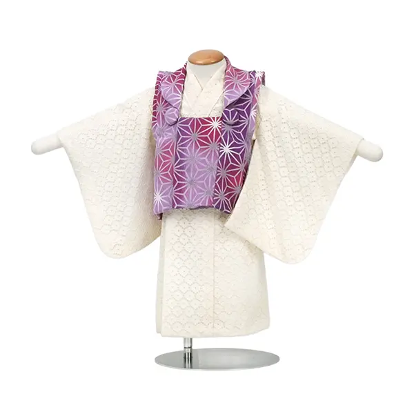 女児 (1歳前後)ベビー着物 088 ピンク/紫 麻の葉 白 レース 二部式被布