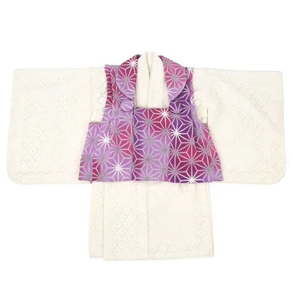女児 (1歳前後)ベビー着物 088 ピンク/紫 麻の葉 白 レース 二部式被布