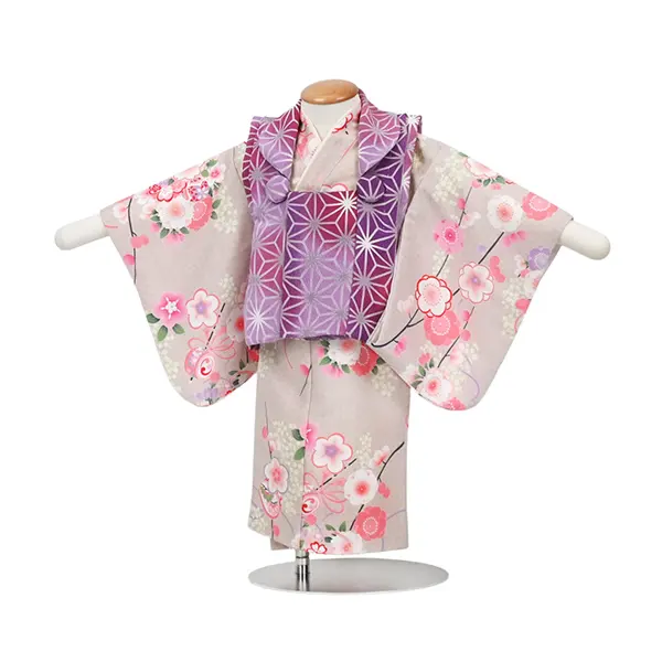 女児(1歳前後)ベビー着物 089 ピンク/紫 麻の葉 ベージュ 梅 二部式被布