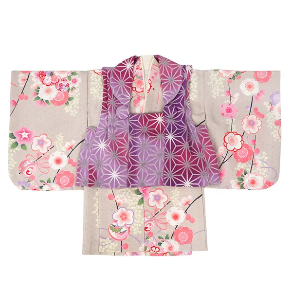 女児(1歳前後)ベビー着物 089 ピンク/紫 麻の葉 ベージュ 梅 二部式被布